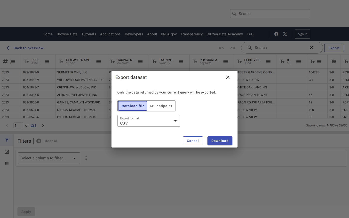 Step 5: Export the list as a CSV — East Baton Rouge Parish, Louisiana tax delinquent