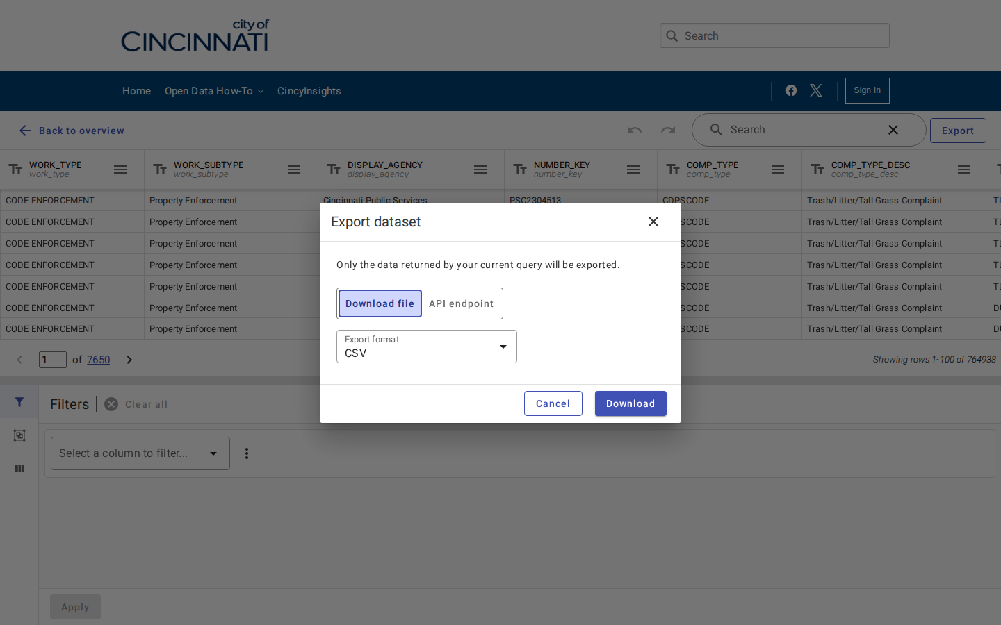 Step 5: Export the list as a CSV — Hamilton County, Ohio code violations