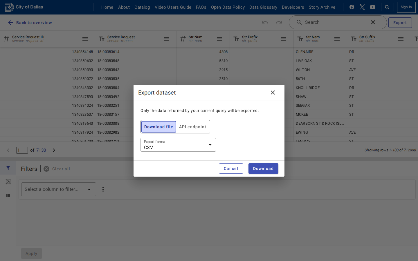 Step 5: Export the list as a CSV — Dallas County, Texas code violations