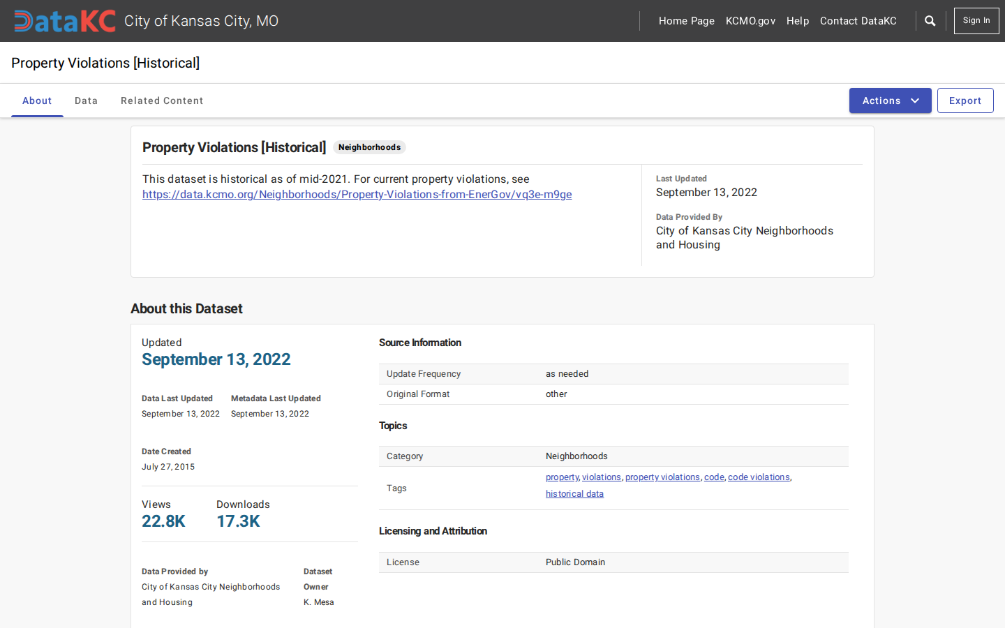 Step 2: Open the Property Violations dataset — Jackson County, Missouri code violations