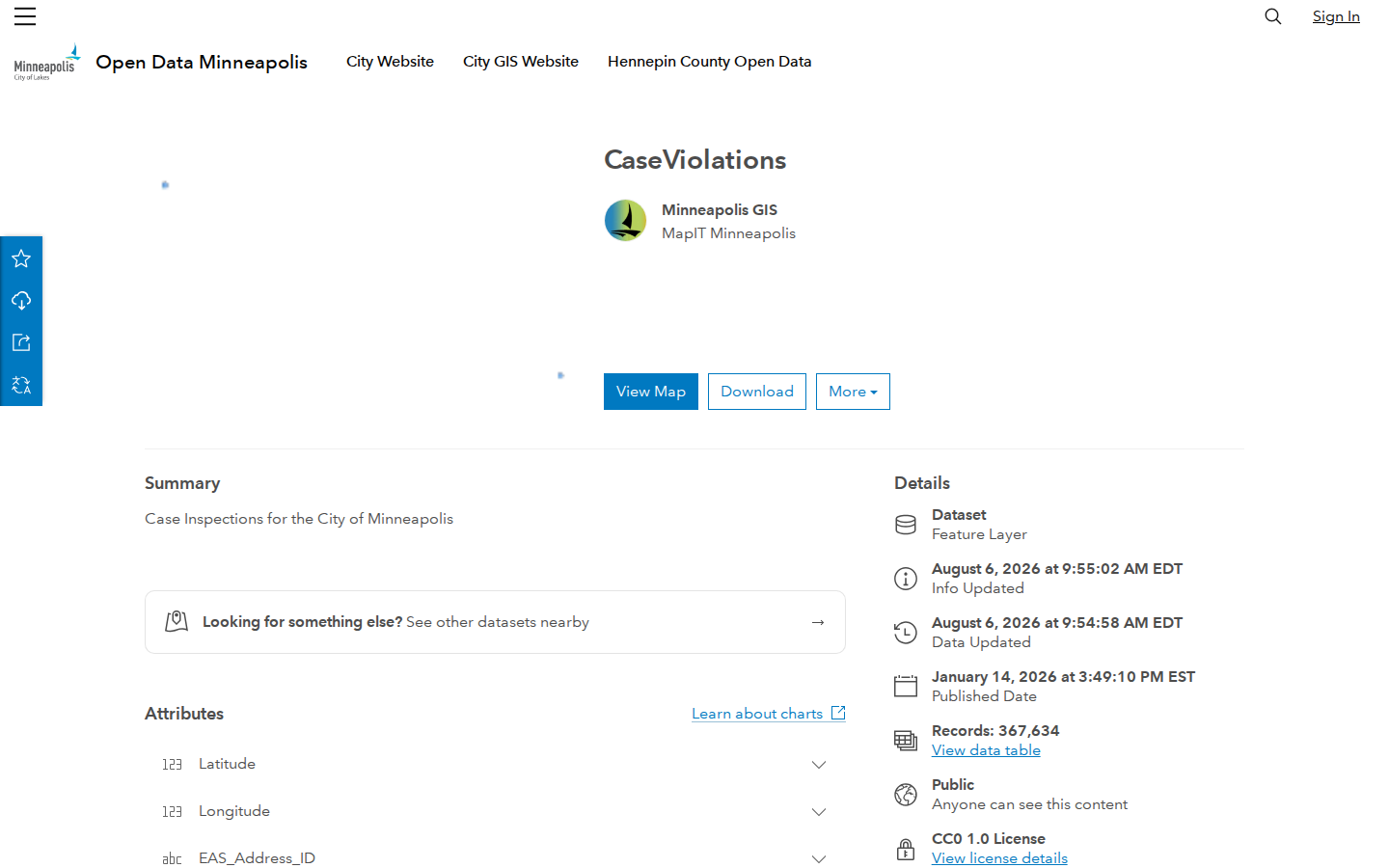 Step 2: Open the CaseViolations Dataset — Hennepin County, Minnesota code violations