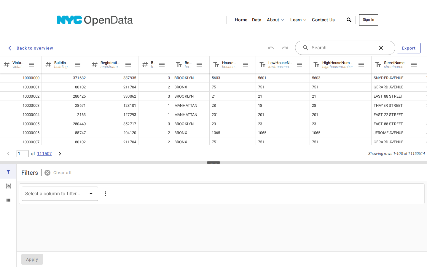 Step 3: View the data table — New York County, New York code violations