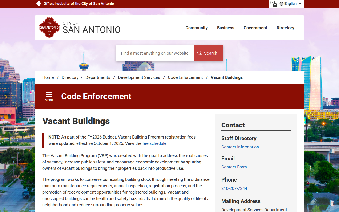 Step 1: Go to San Antonio's Vacant Buildings Page — Bexar County, Texas code violations
