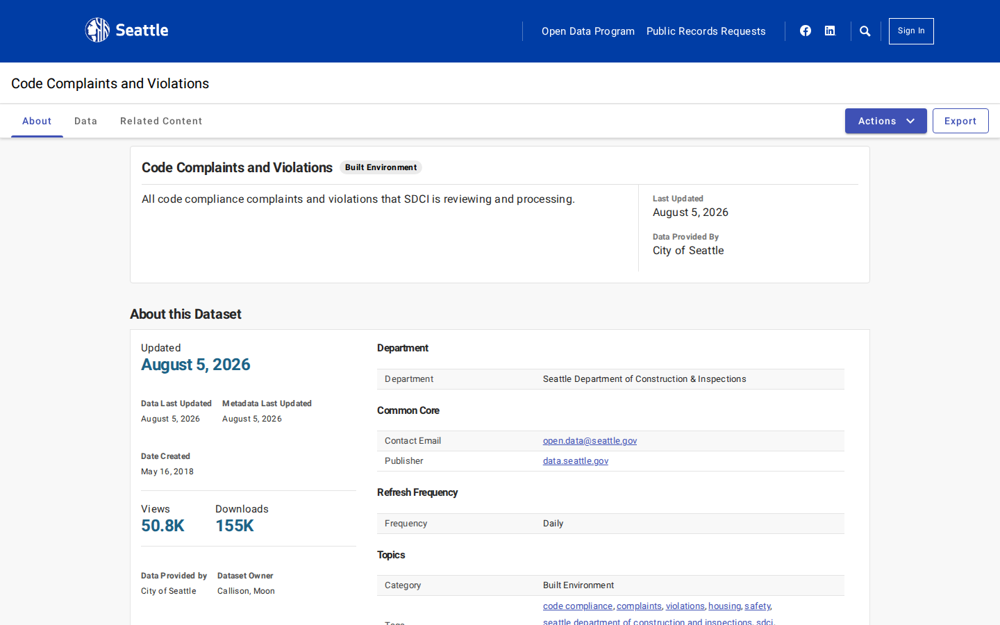 Step 2: Open the Code Complaints and Violations dataset — King County, Washington code violations