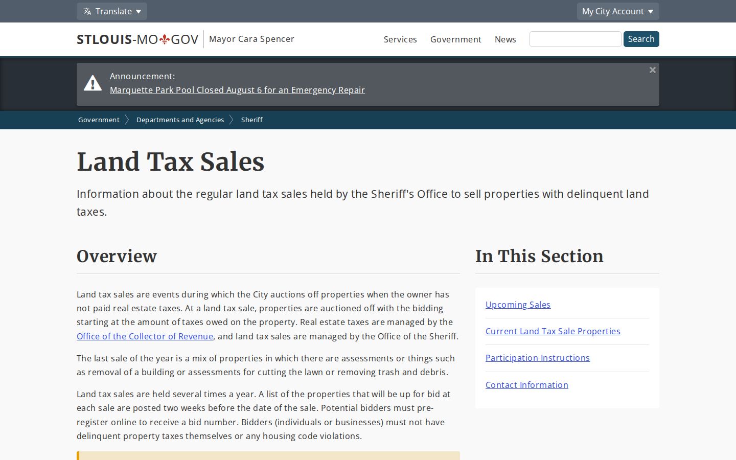 Step 1: Go to the Sheriff's Land Tax Sales page — St. Louis City, Missouri sheriff land tax sale