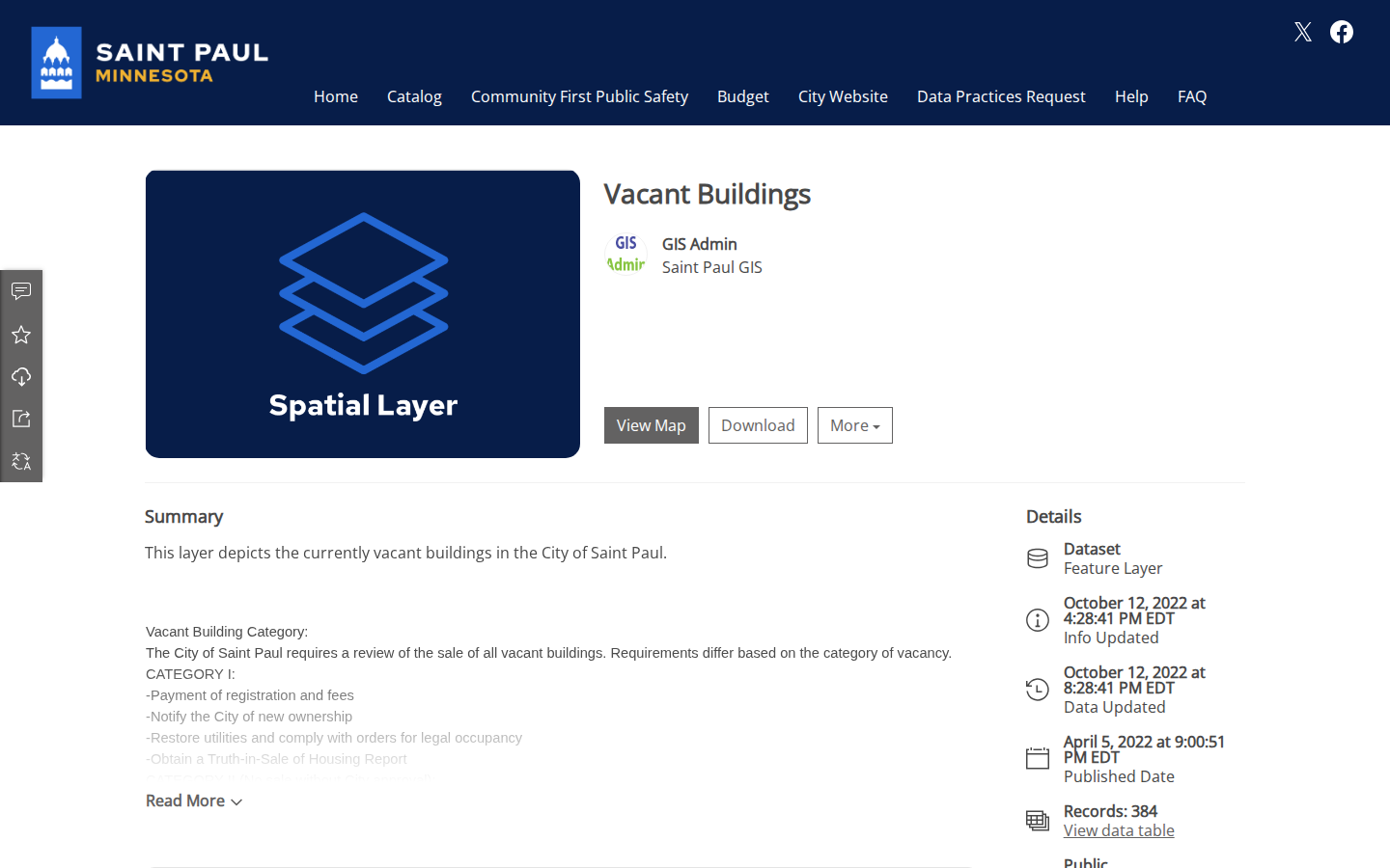 Step 2: Open the Vacant Buildings dataset — Ramsey County, Minnesota vacant buildings