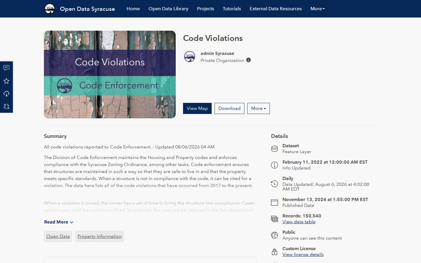 Step 2: Open the Code Violations dataset — Onondaga County, New York code violations