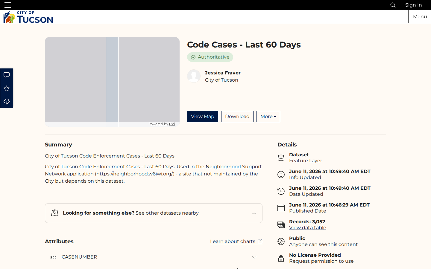 Step 2: Open the Code Cases dataset — Pima County, Arizona code violations
